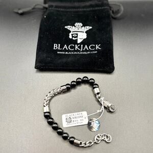 Blackjack BJB220NX Mens Genuine Onyx Bead & Stainless Steel Franco Bracelet NWT
